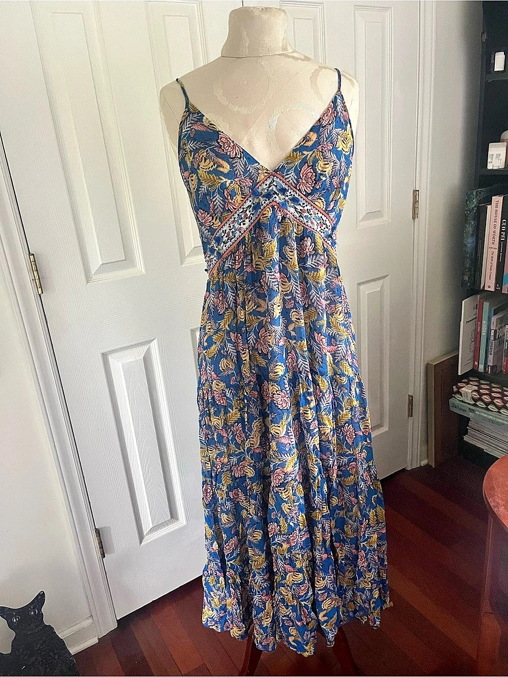 Anthropologie Pallavi Singhee Floral Midi Tiered Dress in Blue Size 8